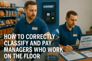 Manager working on retail floor while reviewing payroll documents about exempt vs non-exempt classification under FLSA overtime rules