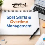 Minimalist office workspace showing split shift and overtime management planning with payroll timesheet, laptop, and scheduling tools for workforce compliance and HR payroll processing