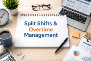 Minimalist office workspace showing split shift and overtime management planning with payroll timesheet, laptop, and scheduling tools for workforce compliance and HR payroll processing
