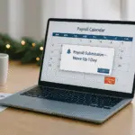 Holiday payroll planning desk setup with calendar highlighting federal holiday and early payroll submission reminder on laptop screen, minimal office environment with subtle seasonal decor, representing proactive holiday payroll management for small businesses.