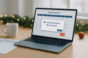 Holiday payroll planning desk setup with calendar highlighting federal holiday and early payroll submission reminder on laptop screen, minimal office environment with subtle seasonal decor, representing proactive holiday payroll management for small businesses.