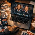 Overhead view of desk with campaign flyers, smartphone displaying AI political ad news alert and open laptop video timeline