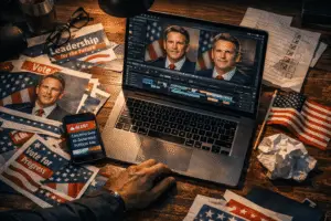 Overhead view of desk with campaign flyers, smartphone displaying AI political ad news alert and open laptop video timeline