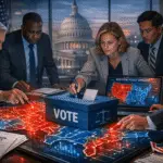 Political strategists analyzing and redrawing U.S. congressional district map in a dimly lit room, symbolizing mid-decade redistricting and the 2026 election power struggle.