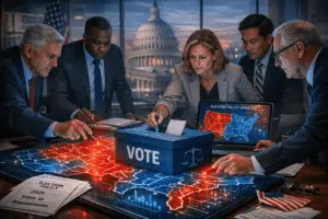 Political strategists analyzing and redrawing U.S. congressional district map in a dimly lit room, symbolizing mid-decade redistricting and the 2026 election power struggle.