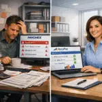 Comparison between frustrated Paychex user and confident AccuPay dashboard illustrating payroll management in 2026