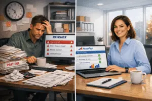Comparison between frustrated Paychex user and confident AccuPay dashboard illustrating payroll management in 2026