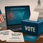Ballot box with election policy documents and digital electoral map overlay representing 2026 US midterm election policy and technology trends.