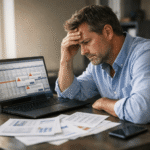 Small business owner frustrated by payroll software errors at office desk