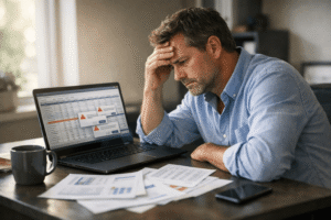 Small business owner frustrated by payroll software errors at office desk
