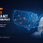 Dark navy editorial feature image for AccuPay Systems showing a glowing blue schematic outline of the United States map with orange hotspot dots and a white line-art illustration of the US Capitol dome, alongside bold white and orange typography reading "The SAVE America Act & U.S. Election Policy" on a deep blue background.