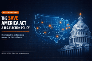 Dark navy editorial feature image for AccuPay Systems showing a glowing blue schematic outline of the United States map with orange hotspot dots and a white line-art illustration of the US Capitol dome, alongside bold white and orange typography reading "The SAVE America Act & U.S. Election Policy" on a deep blue background.