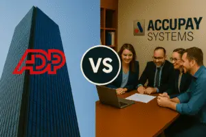 AccuPay Systems vs ADP payroll comparison showing boutique full-service bureau versus large national payroll provider for small businesses