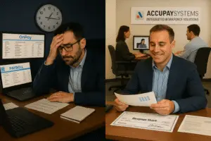AccuPay Systems vs OnPay comparison for CPA firms showing full-service bureau partnership versus accountant-managed payroll software