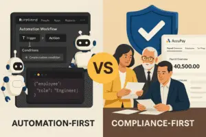 AccuPay Systems vs Rippling comparison showing compliance-first payroll bureau versus tech-first automation platform for California businesses