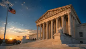 U.S. Supreme Court building at dusk with American flag, representing Virginia redistricting referendum legal battle and 2026 midterm elections
