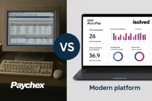 AccuPay Systems vs Paychex payroll comparison for California businesses highlighting modern iSolved HCM platform versus Paychex Flex