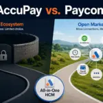 AccuPay Systems vs Paycom comparison graphic showing the difference between an open integration marketplace and a closed HCM ecosystem for small and mid-size businesses.