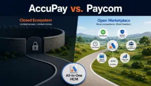 AccuPay Systems vs Paycom comparison graphic showing the difference between an open integration marketplace and a closed HCM ecosystem for small and mid-size businesses.