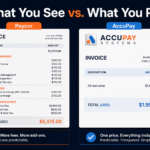 AccuPay Systems vs Paycor pricing comparison graphic showing all-inclusive transparent pricing versus hidden fees and add-on charges for small business payroll.