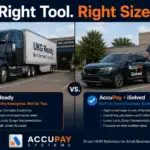 AccuPay Systems vs UKG Ready comparison graphic showing right-sized HCM technology for small and mid-size businesses versus enterprise-scale workforce management.