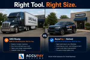 AccuPay Systems vs UKG Ready comparison graphic showing right-sized HCM technology for small and mid-size businesses versus enterprise-scale workforce management.