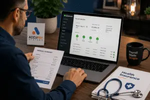 Payroll journal entry for health insurance in QuickBooks showing employee and employer portions