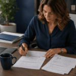 HR manager reviewing payroll overpayment correction documents at office desk in 2026