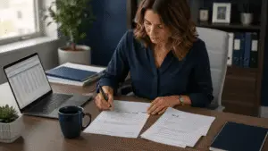 HR manager reviewing payroll overpayment correction documents at office desk in 2026