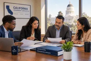 Diverse California government contractors reviewing certified payroll and prevailing wage compliance documents at a conference table, with a California government building visible through the window in the background.